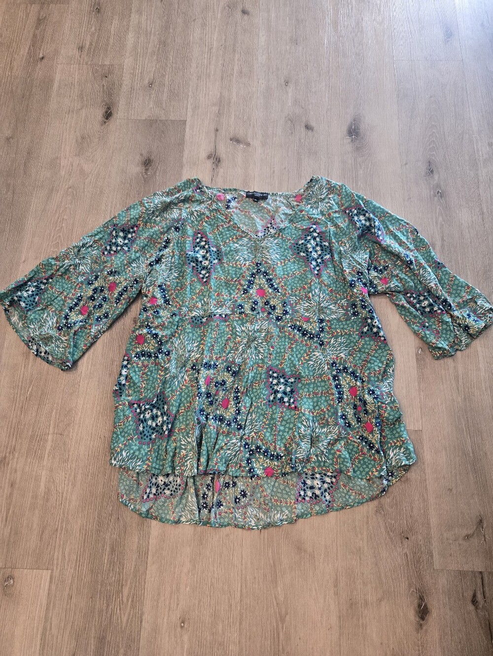 Cynthia Rowley 3/4 Sleeve Green Floral Print Blouse Sz 2X